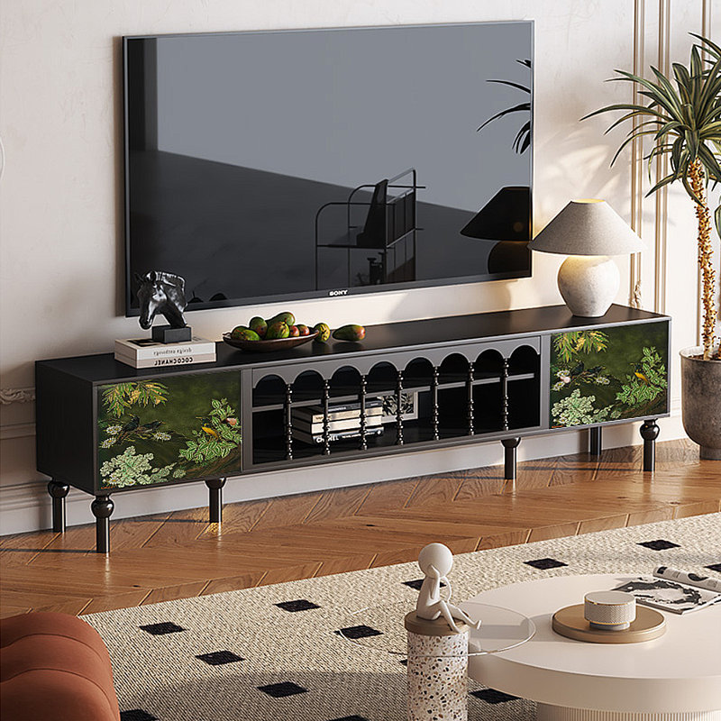 Meuble télé avec rangement peint français rétro, H 21,26 po x L 78,74 po x l 15,75 po, Noir