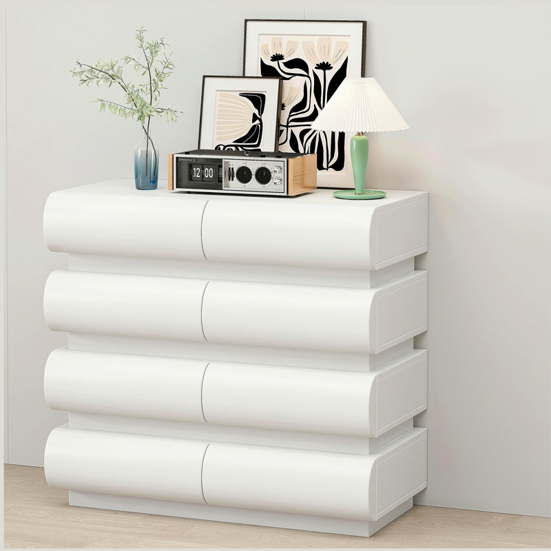 Commode 8 tiroirs pour chambre à coucher, commode blanche sans poignée, commode moderne 8 tiroirs avec rangement large, Blanc