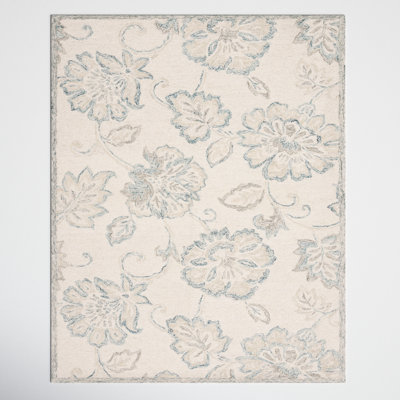 Rectangle Floral Handmade Tufted Wool/Cotton Area Rug in Ivory/Blue