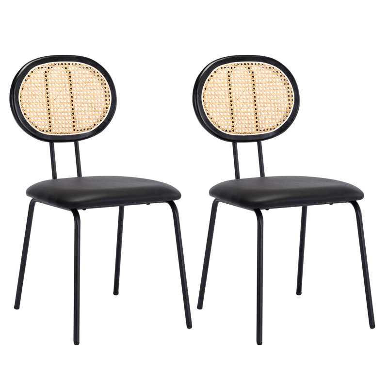 16" Wide Mid-Century Modern Farmhouse Rattan Backrest Leather Seat Dining Chairs, Matte Black, Black