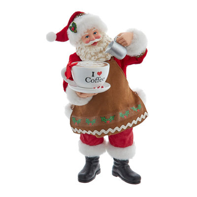 Kurt Adler 10.5-Inch Fabriché Santa with Oversized I Love Coffee Cup and Creamer