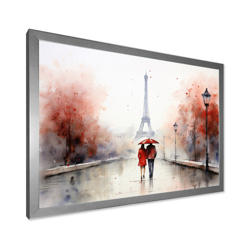 Amour à Paris, aquarelle rétro, Cadre simple argenté, H 34 po x l 44 po x P 1,5 po