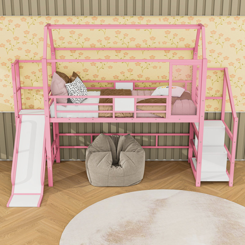 Lit mezzanine avec glissade et escalier House, Simple, Rose