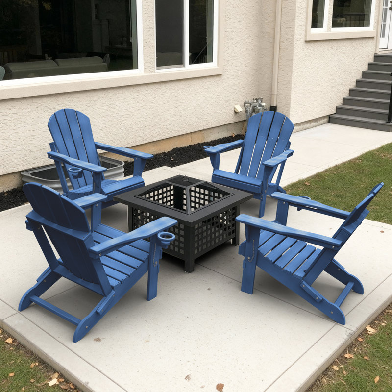 HDPE Outdoor Adirondack Foldable Chair Set Fire Pit Chair with Cup Holder, Blue