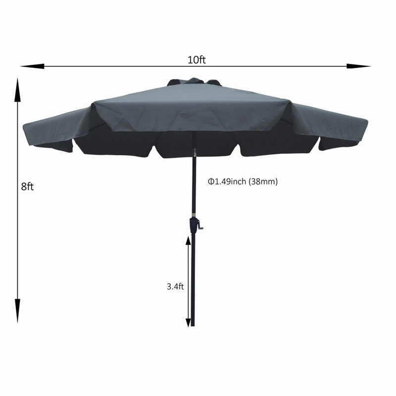 Parasol de patio extérieur 10pi (3 m) avec rabat, 8 pièces, avec inclinaison, avec manivelle, sans base / anthracite, taille de poteau 38 mm (1,49 pouce)