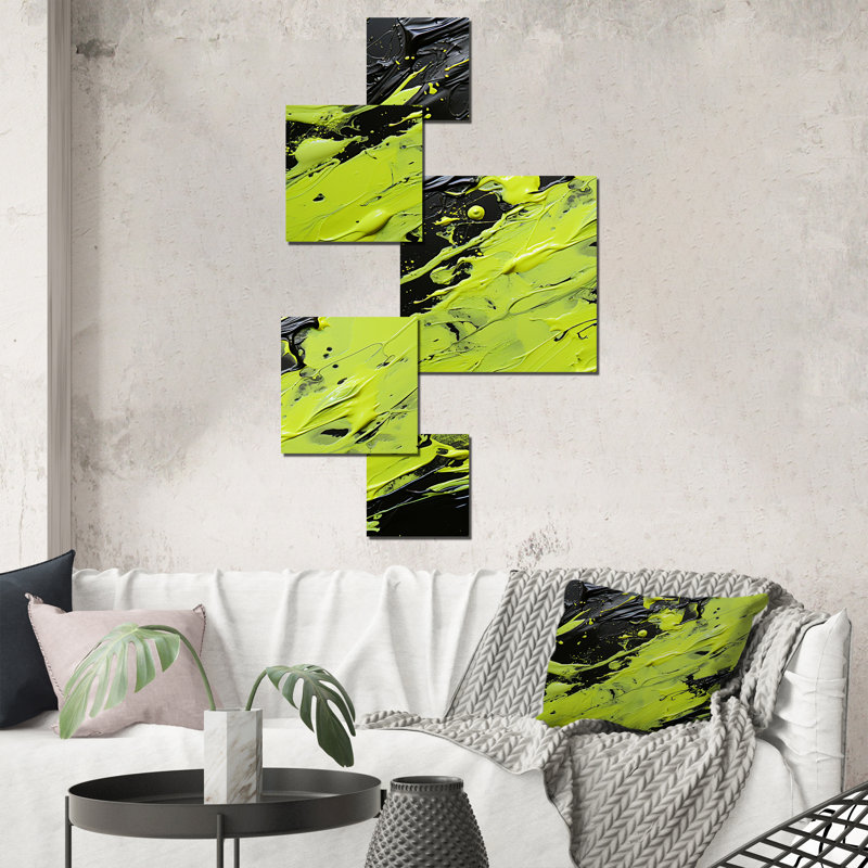 «Green Spiral Neon Fusion», ensemble de 5 collages abstraits carrés