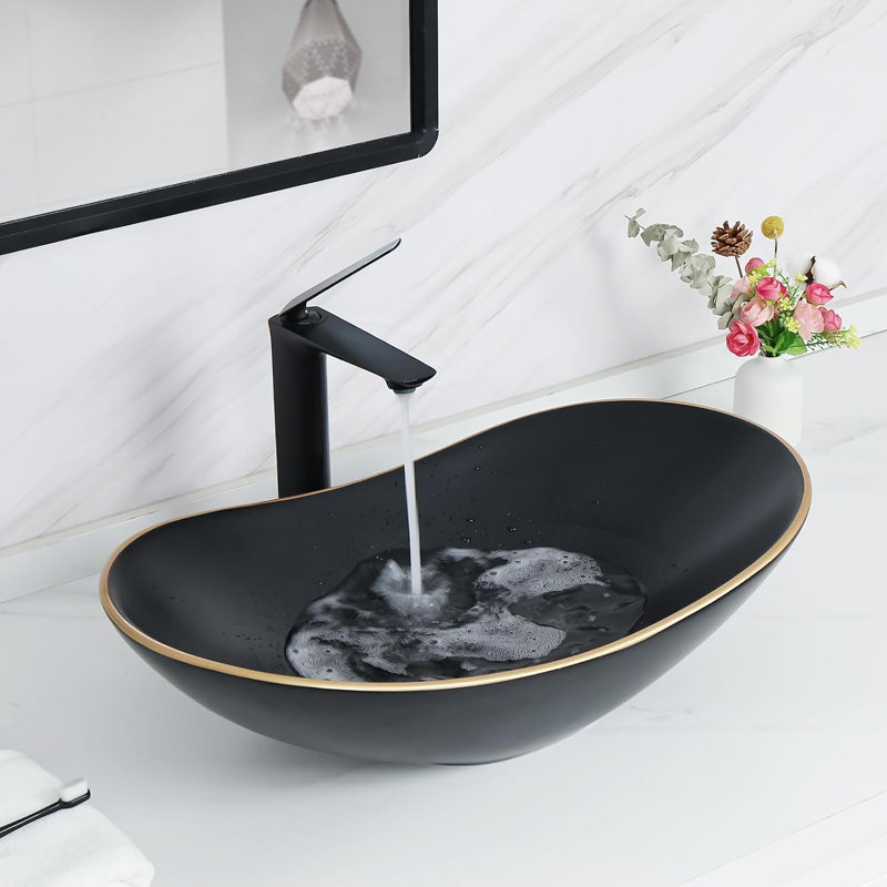 Lavabo de salle de bain vasque ovale en céramique 24,5 "x 13,8" avec bonde escamotable Davivy, Noir