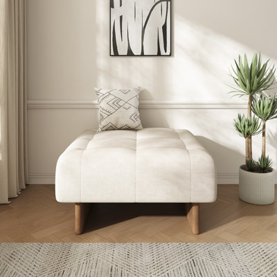 Repose-pieds carré rembourré en tissu de lin capitonné, pieds en bois massif, beige
