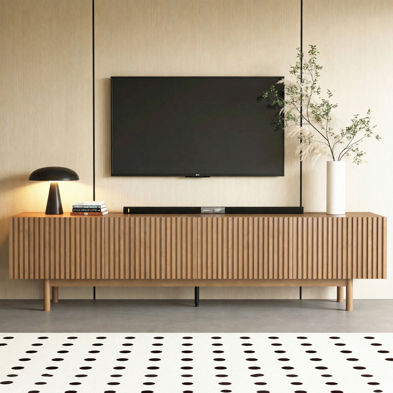 86.6 Inch Modern Wood Tv Stand For 90 Inch Tv Slatted Media Console Entertainment Center With 4 Doors Walnut