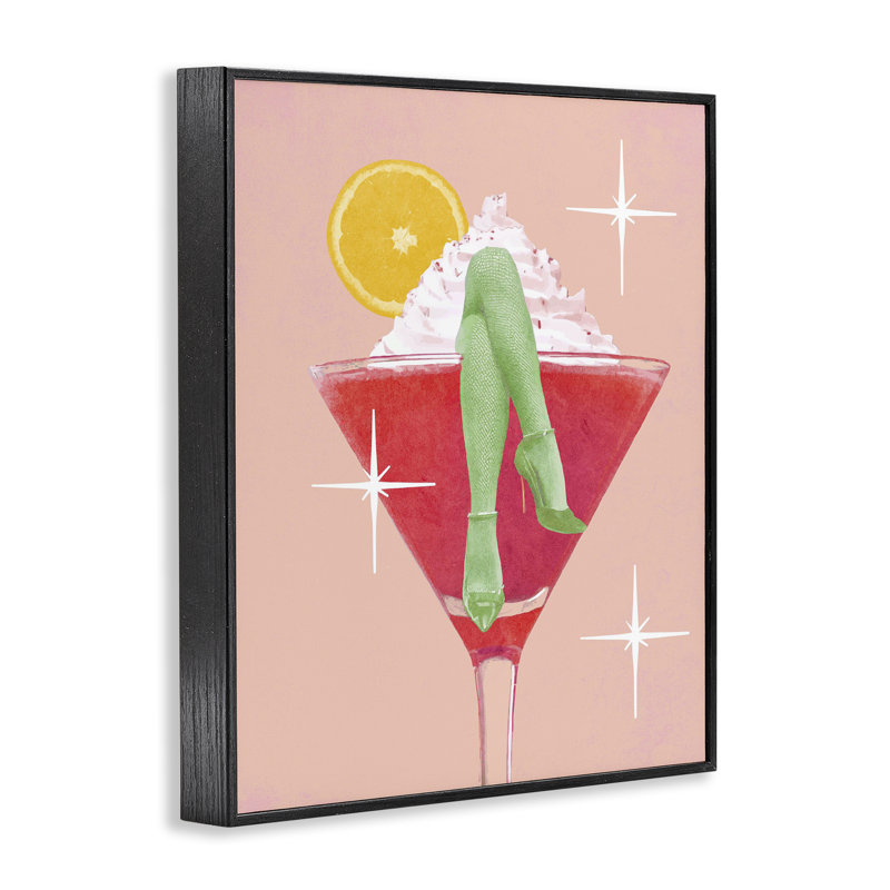 «Cocktail with Glamour Legs», art de la giclée encadrée, design par Lil 'Rue, H 14 po x l 11 po, Giclée encadrée noir minuit