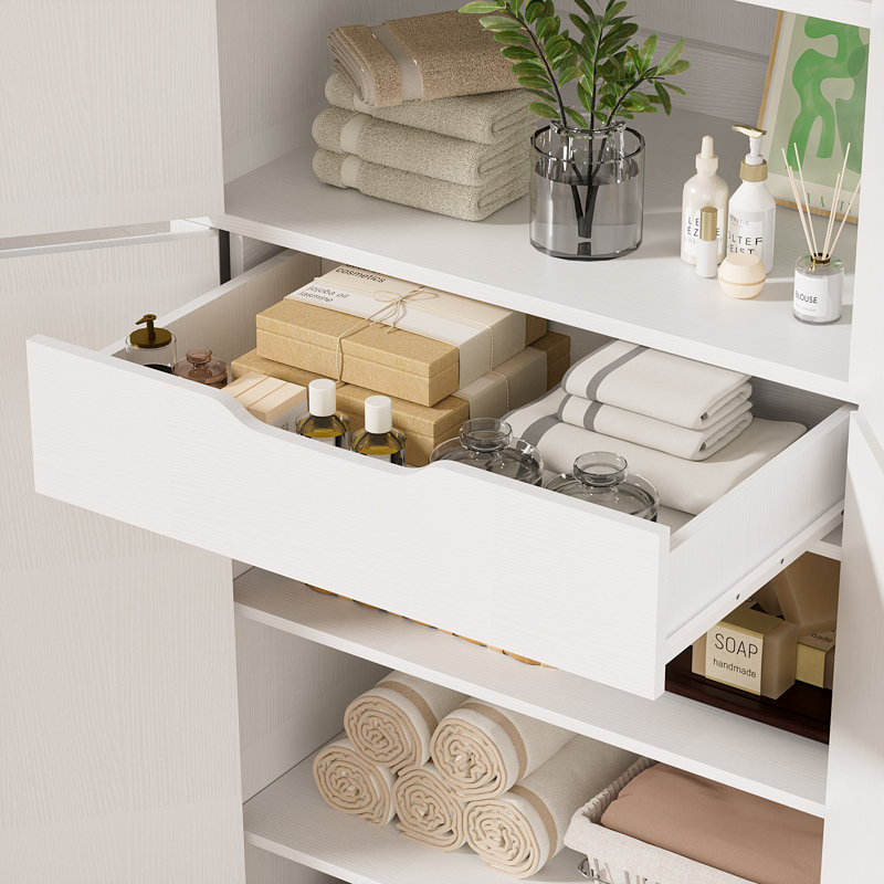 Armoire de salle de bain 71 po avec 1 tiroir central et armoire de rangement en bois avec 4 portes, Blanc