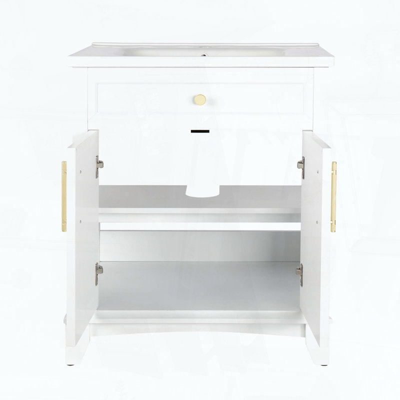 Meuble de salle de bain solo avec tiroir, tablettes ajustables et pieds en bois massif, blanc, L 28,35 po, blanc