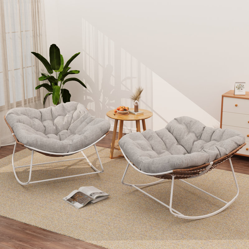 Chaise berçante d'extérieur en osier surdimensionnée 2 pièces avec coussin, Beige, Noir, noir, noir, noir