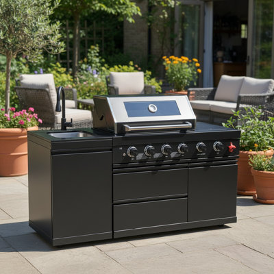 65" W X 25" D X 48" H 2-Piece Modular Outdoor Kitchen Set With 4-Burner Gas Grill, Side Burner, Sink, Granite Countertop