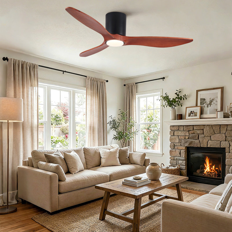 52" Mordern Farmhouse Retro Solid Wood Low Profile Flush Mount Ceiling Fan With Light And Reversible Quiet Motor