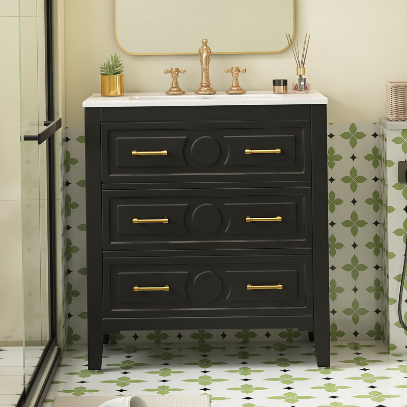 Ensemble de meuble-lavabo autoportant 30 po avec 3 tiroirs, structure en bois massif, rangement spacieux, noir, 30 po