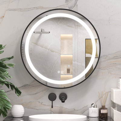 Gervon Lighted Surface Framed Round Medicine Cabinet Mirror Adjustable Shelf & AC Outlets