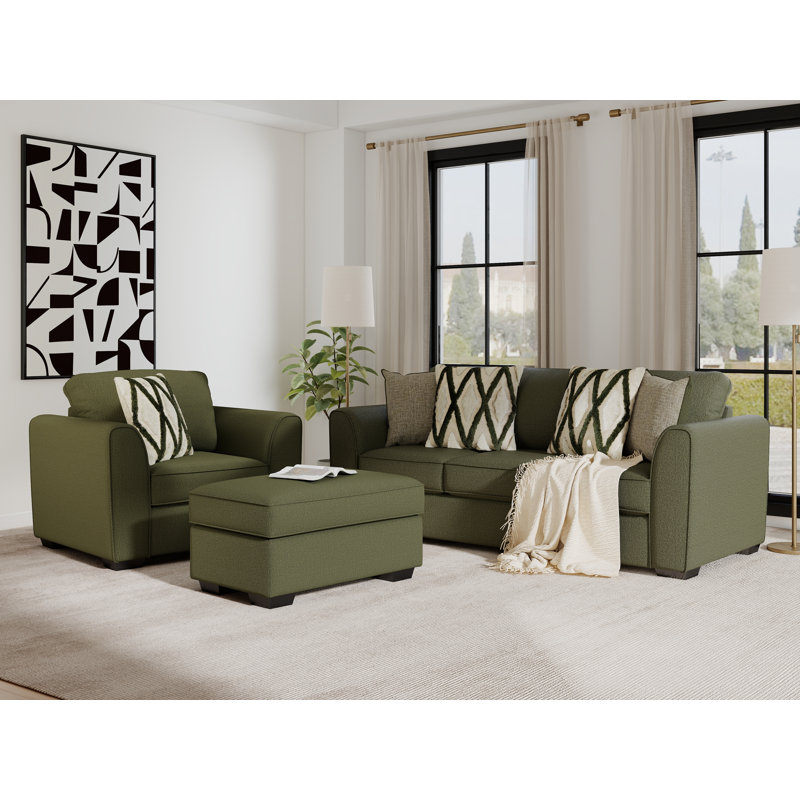 Marvella 4-Piece Living Room Set, Sofa, Loveseat, Chair, and Ottoman with Mosswood Chenille Upholstery