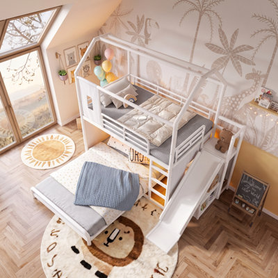 Lit superposé avec glissade AVELOR Playhouse, lumières DEL, rideau d'intimité et rangement mobile pour enfants