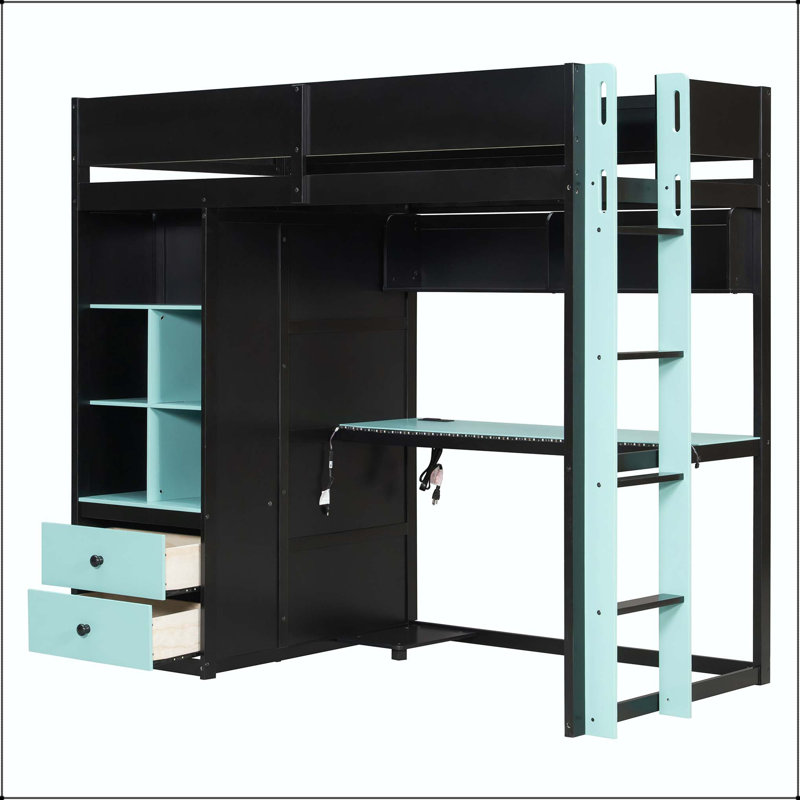 Lit mezzanine simple en bois avec bureau et rangement, Lit simple, Noir + bleu