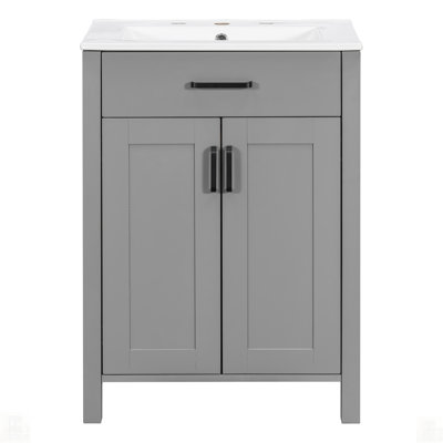 Meuble-lavabo moderne avec lavabo en céramique, portes à fermeture en douceur, tiroir rabattable et tablettes de porte à double couche pour un rangement élégant