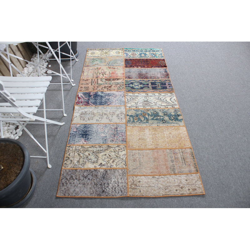 Tapis turc rétro vintage en patchwork Anatolian beige - idéal pour la cuisine ou le vestibule