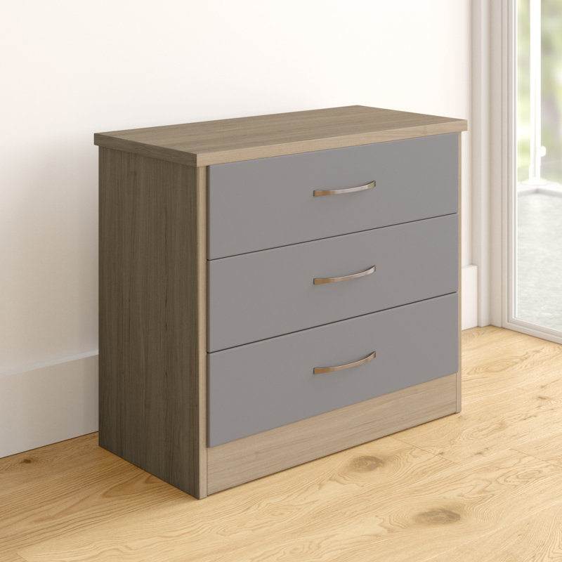 Cascio 3 Drawer Chest Of Drawers, Grey Gloss/Light Oak Effect Veneer