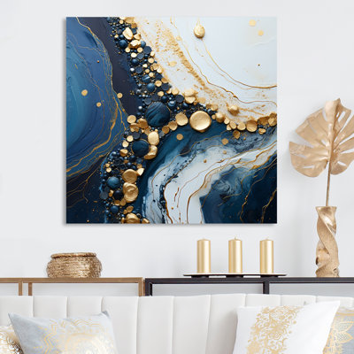 «Gold and Blue Geode», art mural abstrait en métal à encre liquide