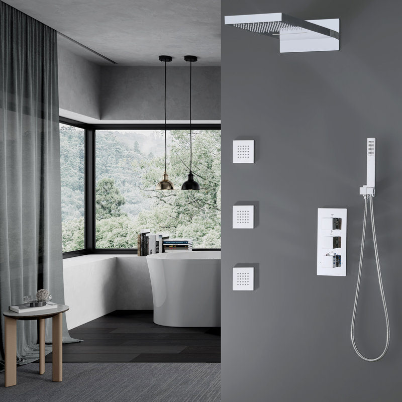 Système de douche thermostatique 22,36 * 10,63 ", pomme de douche murale à 4 fonctions de pluie et cascade avec douchette et 3 jets de corps avec valve brute