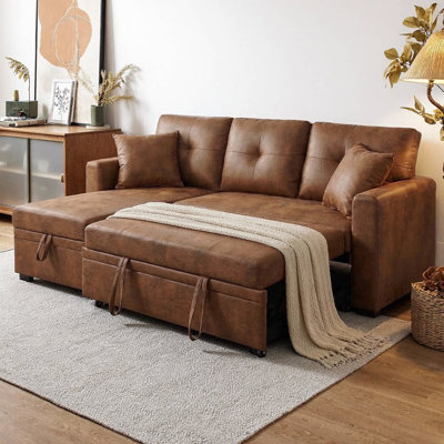 Canapé-lit modulaire multifonctionnel avec lit escamotable, méridienne réversible avec rangement et tissu respirant, canapé-lit convertible en forme de L pour petit salon