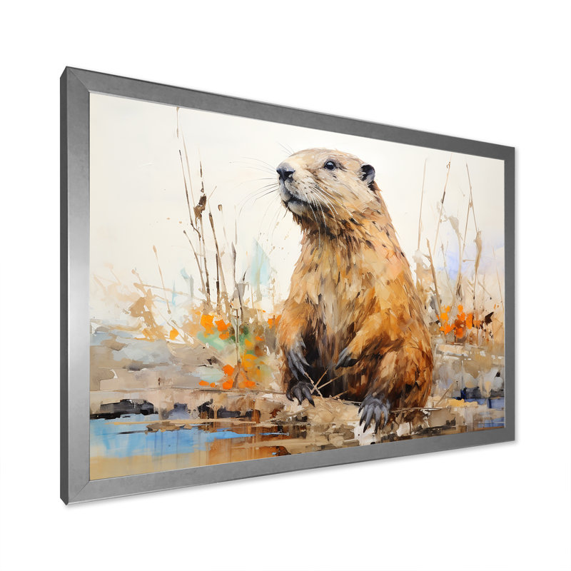 Minimalisme, castor brun sur toile, Cadre photo argenté, H 30 po x l 40 po x P 1,5 po