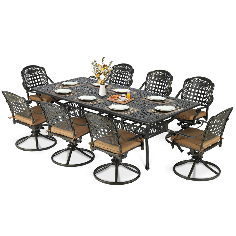 Meetwarm 9-Piece Outdoor Patio Dining Set, All Weather Cast Aluminum Patio Funiture Table And Chairs Set- 94.5" Rectangular Table And 8 Cushioned Swivel Rocker Chairs, Umbrella Hole