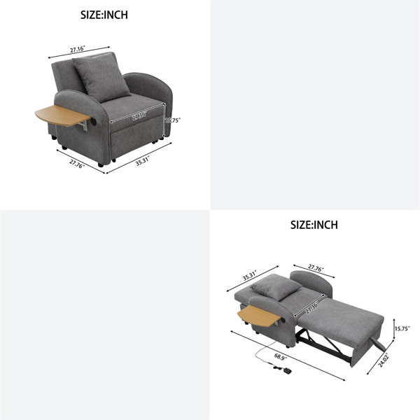 Latitude Run® Convertible 3-in-1 Sofa Bed Chair with Pull-Out Desk, USB ...