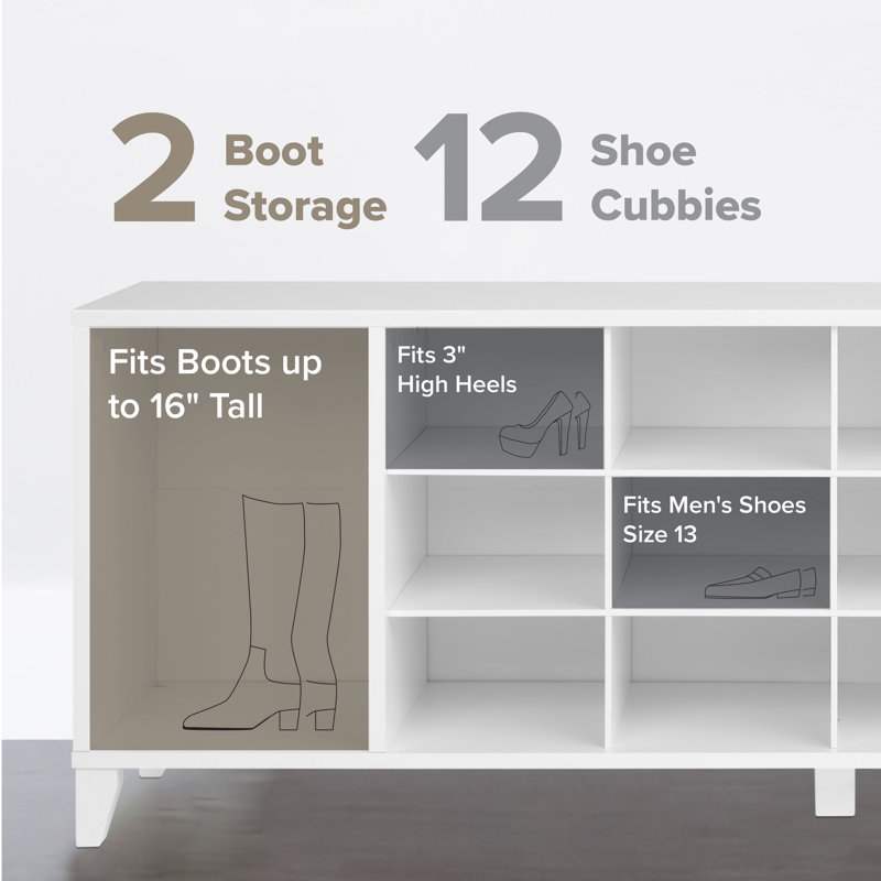White Wooden Entryway Shoe Storage Bench with 14 Cubbies