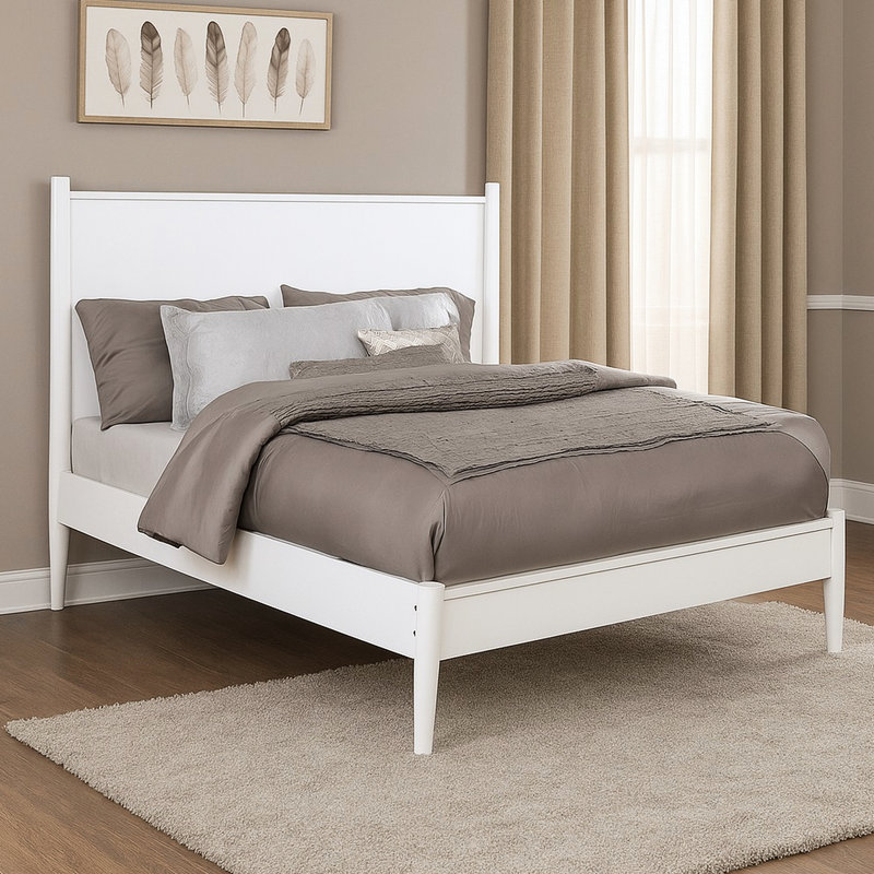 Lit plateforme double Mid-Century blanc, conception de structure, pieds fuselés ronds, ensemble de lattes, pas de sommier pour les boiseries de la chambre à coucher, nécessaire