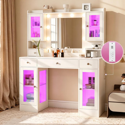 43" Vanity Desk With Lighted Mirror & Charging Station, White Makeup Table With 4 Drawers & Fluted Cabinets