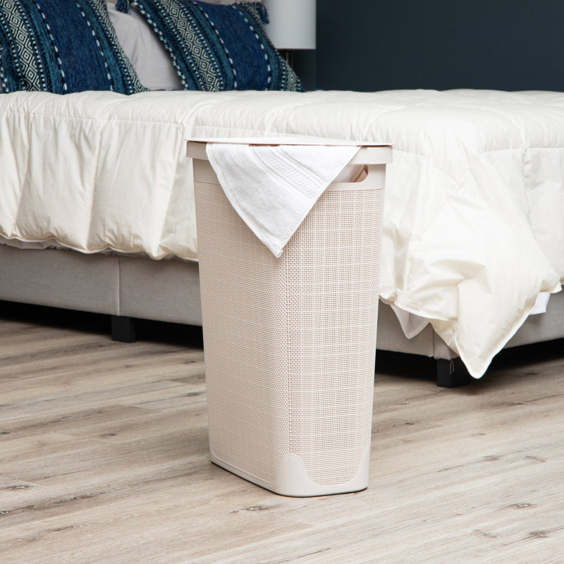  Slim Laundry Hamper, Clothes Basket, Lid, Linen Design, Plastic, Ivory