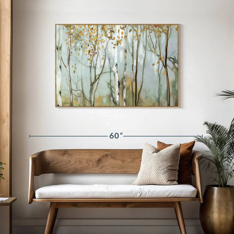 Bouleau dans le brouillard II, Cadre flottant en bois naturel, 43 po x 29 po