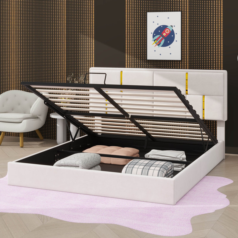Grand lit plateforme tapissier en tissu avec mécanisme de rangement à levage hydraulique, Beige