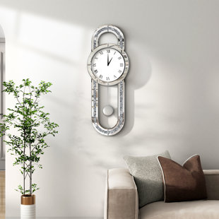 Mirrored Wall Clock with Crushed Diamond Inlay & Decorative Pendulum – 80cm Glam Design