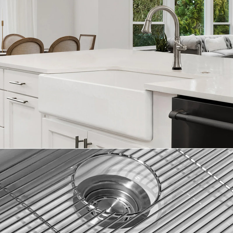 Luxury 36-Inch Solid Fireclay Farmhouse Sink, Flat Front, Stainless Steel Accessories