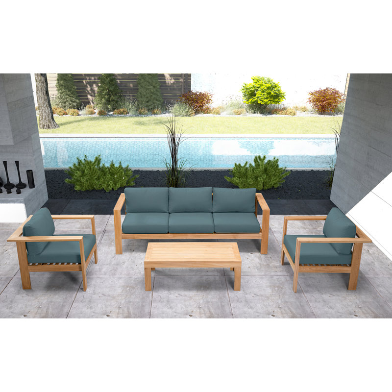 Ando 4 Piece Teak Sofa Seating Group with Sunbrella Cushions, 4 Pcs: Table, Sofa, 2 Chairs, Canvas Natural Sunbrella® Canvas