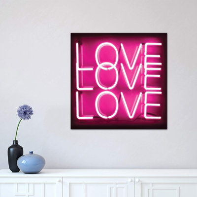 Neon Love Love Love Pink on Black 1 Piece Wrapped Canvas Wall Art