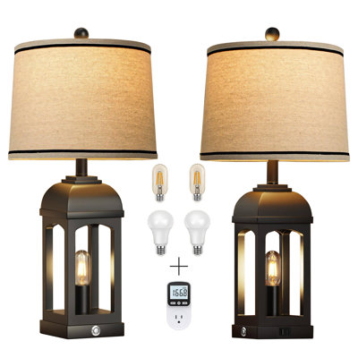 Ensemble de lampes de table de ferme 2 pièces pour décor de salon et de chambre à coucher - Lampes de chevet rustiques 26 "avec USB A + C, veilleuse, commande tactile à intensité variable à 3 voies, noir