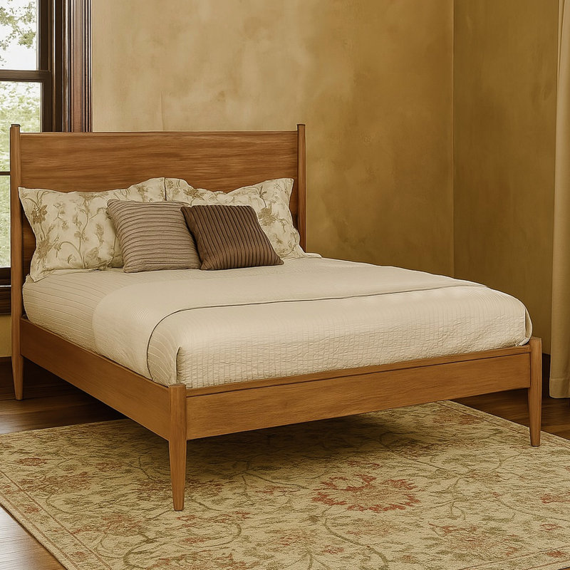 Lit plateforme double avec design Mid-Century, finition chêne et ensemble de lattes pour la chambre à coucher en Solid +, ensemble, sans sommier