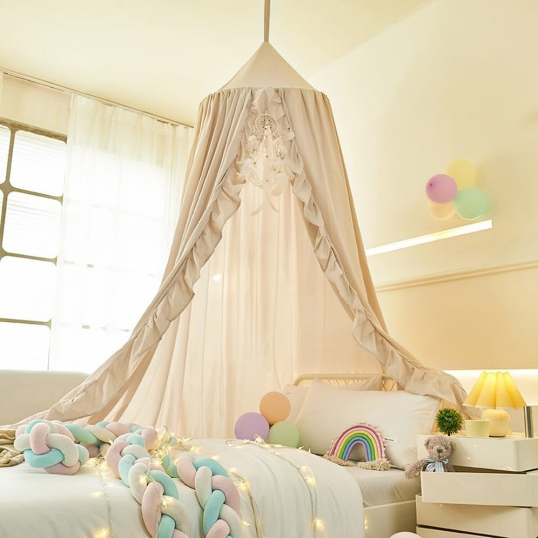 Princess Round Dome Bed Canopy With Ruffled, Ivory, 65 X 250 X 400Cm