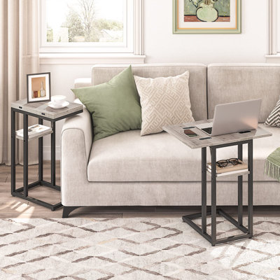 Table d'appoint pliable en forme de C avec tablettes de rangement; Glisse sous le canapé; Gris-brun