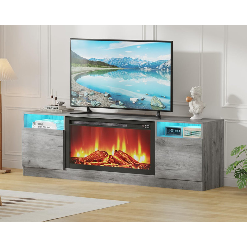 Meuble télé 70 po gris avec meuble de rangement pour téléviseurs de 75 po, console moderne pour le salon