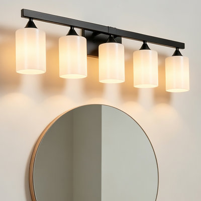 5-Light Matte Black Large Bathroom Vanity Light, Metal Wall Sconce, Frosted Milk Glass Shade Wall Lamp for Master Bathroom(No light bulb)