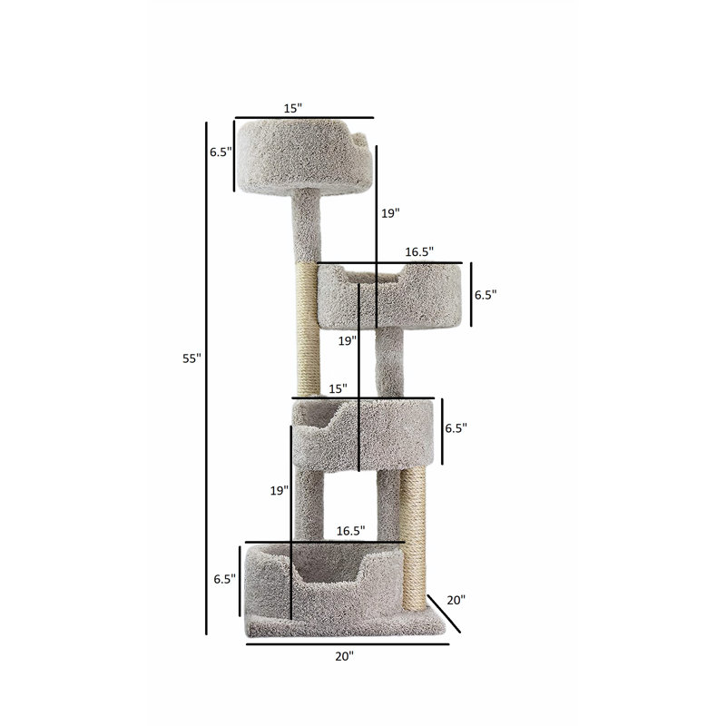 Gray Multi-Level Cat Tower with Sisal Rope and Carpet